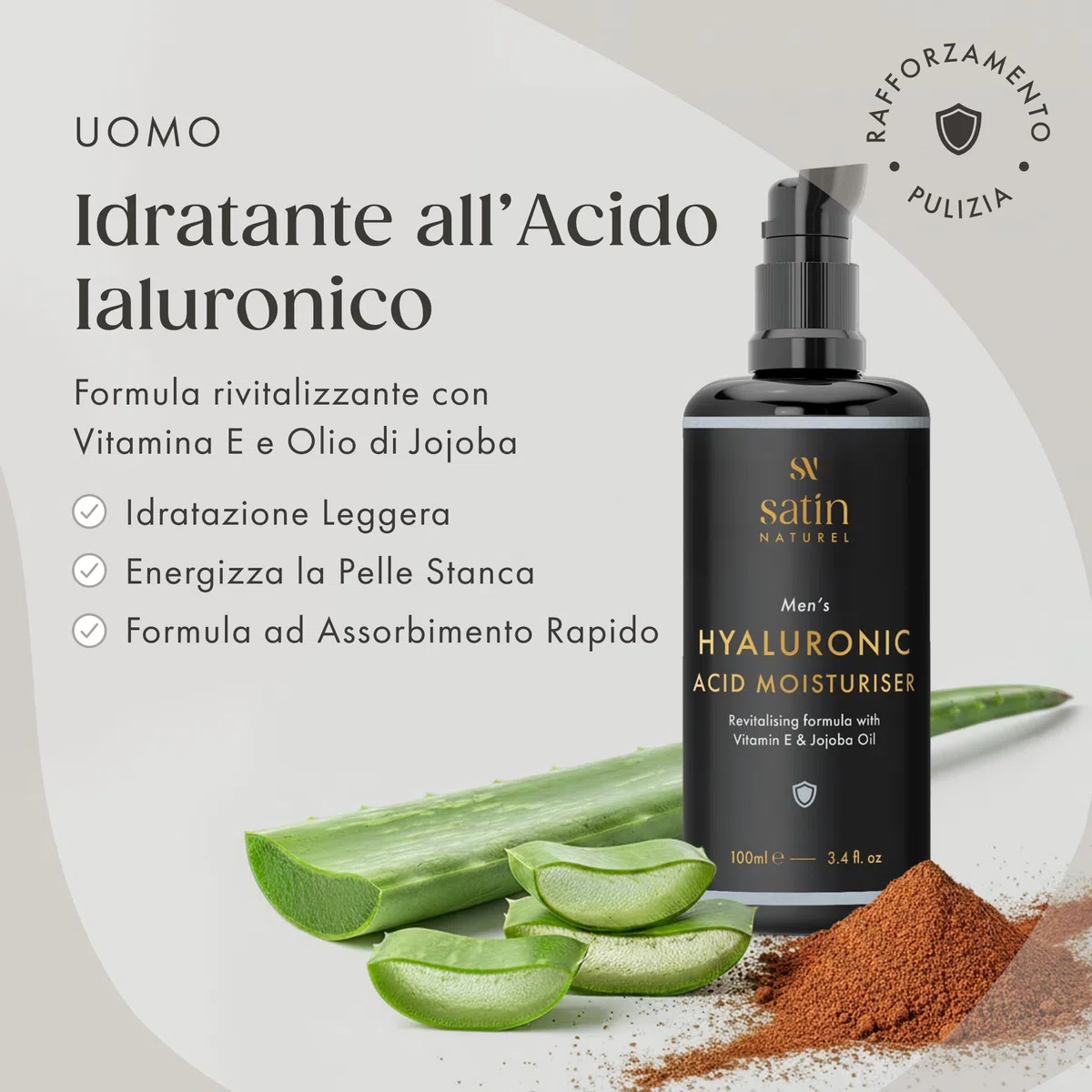 Satin Naturel Crema Viso Uomo 100 ml – Con Aloe Vera Biologica, Acido Ialuronico, Olio di Argan & Squalano – Crema Idratante Anti-Età per Tutti i Tipi di Pelle – Vegana & Cosmetica Naturale
