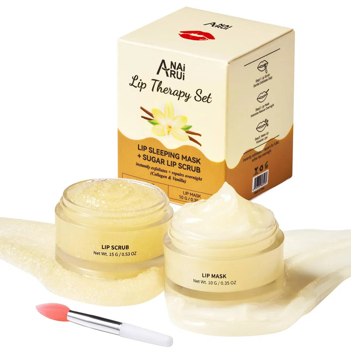 ANAiRUi Set di Maschere e Scrub per Le Labbra, Maschera per Labbra Addormentate Alla Vaniglia & Collagene, Scrub Esfoliante