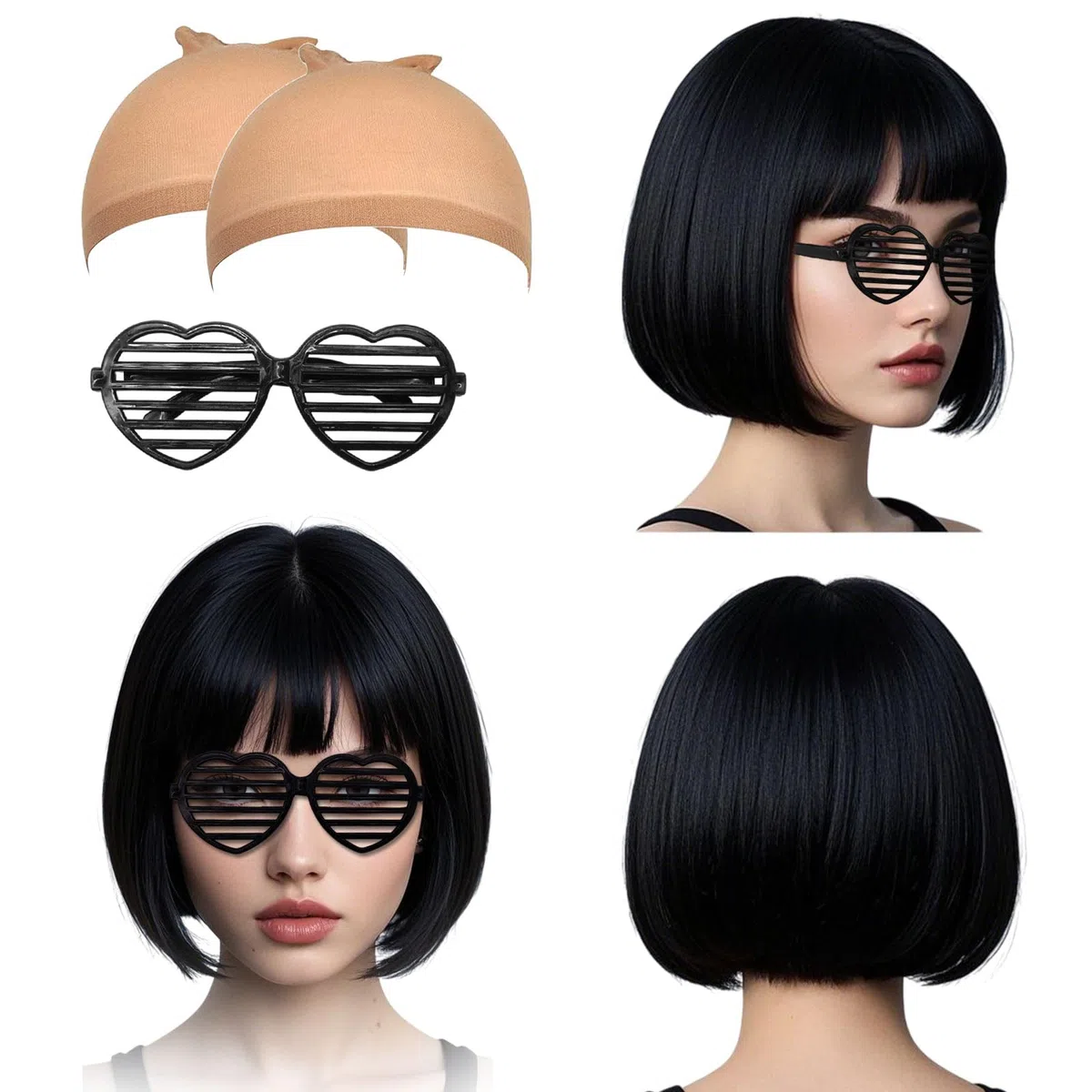 4 Pezzi Nero Parrucca Caschetto Black Bob con Bangs parrucca nera corta Capelli Della Signora Di Modo Festa Parrucche Parrucca sintetica resistente al calore Daily Party(Nero)