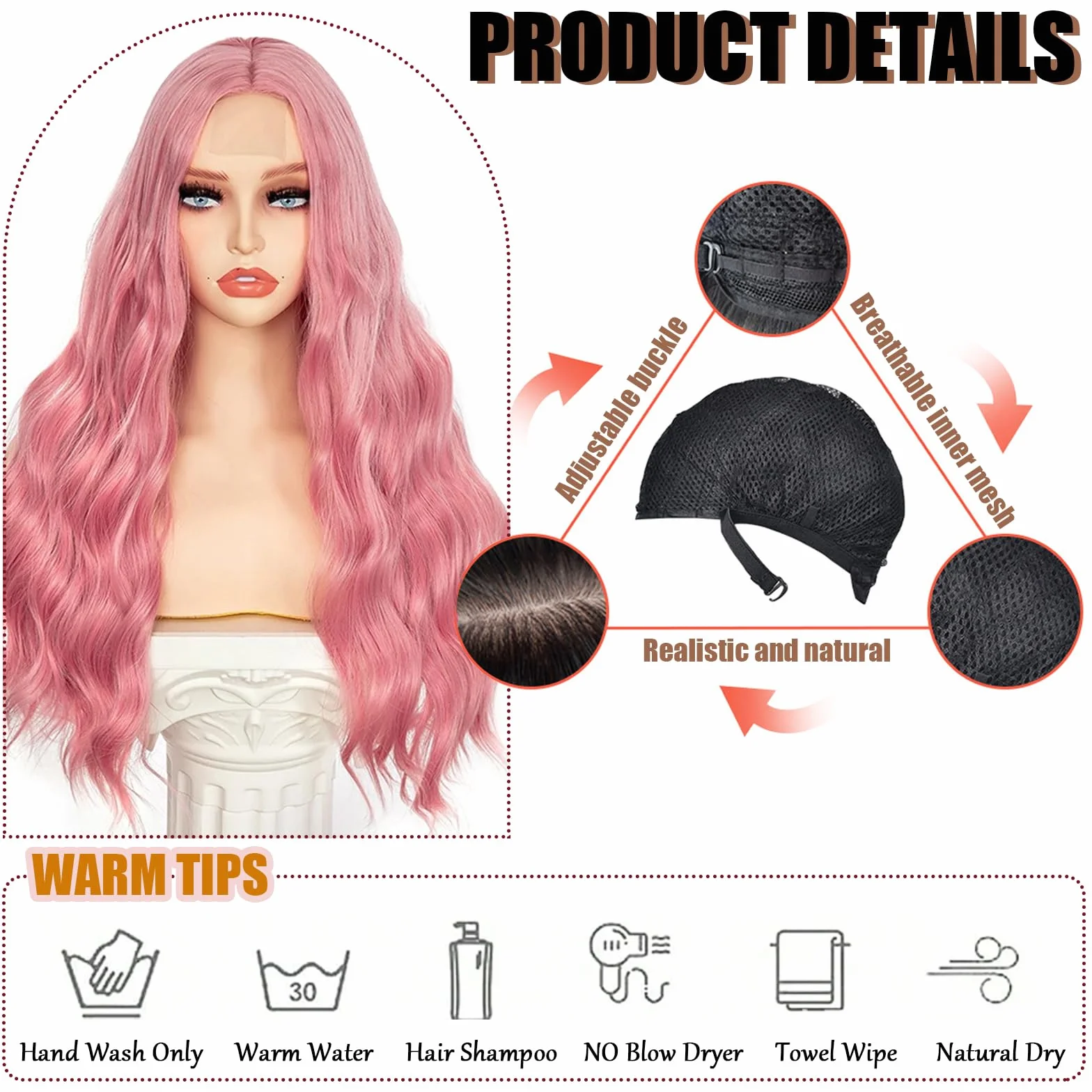Lungo Ondulato Parrucca Rosa per Donne, 27 Pollici/70CM Lungo Ondulato Parrucche, Sintetico Parrucca Ricci Resistente al Calore, Cosplay Lunga Capelli della Signora di Modo Festa