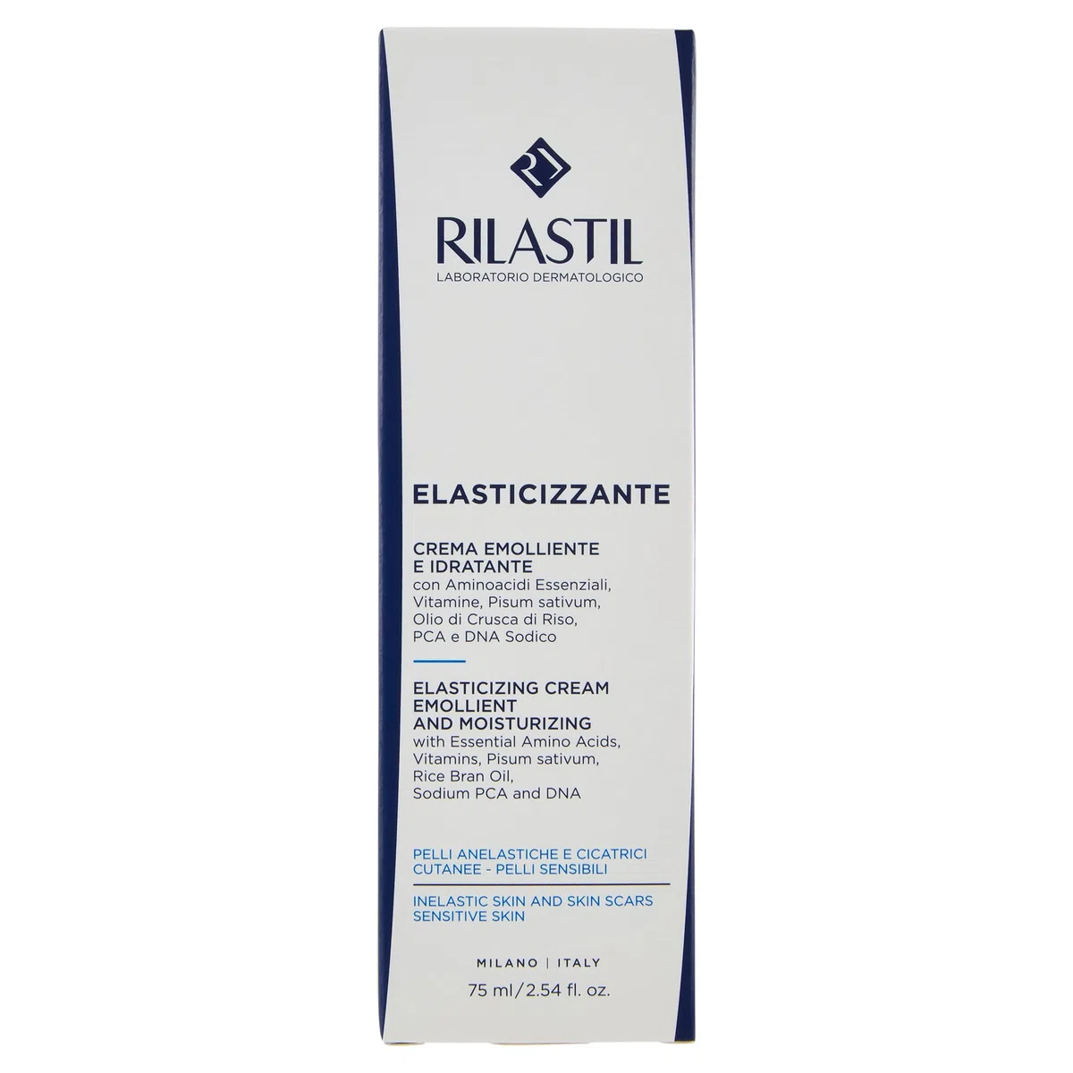 Rilastil Elasticizzante Crema Viso e Corpo, Trattamento delle Cicatrici, Emolliente ed Idratante per Pelli Sensibili, Confezione da 75 ml