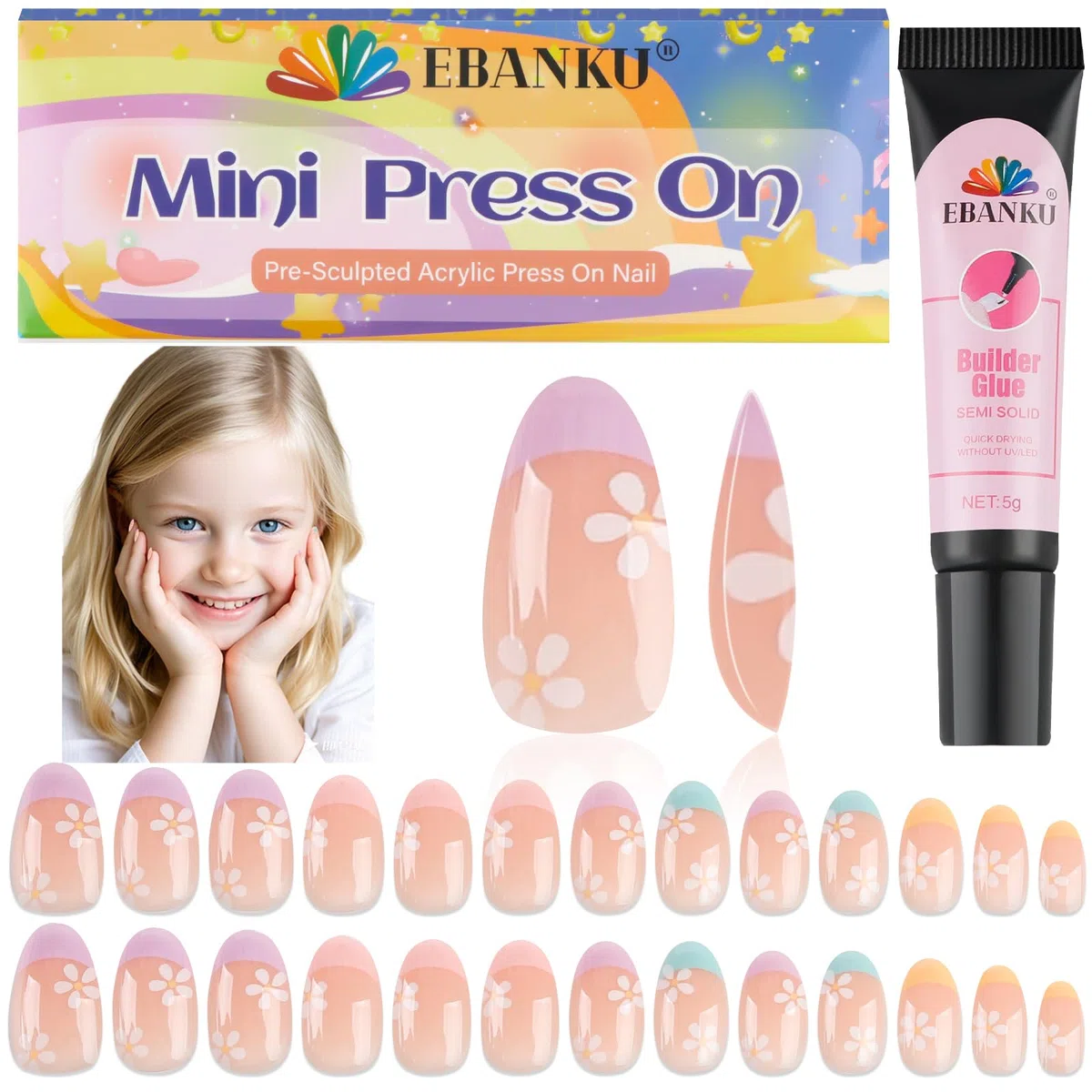 EBANKU 26 pezzi unghie finte ragazze premere corte carino copertura acrilico chiodo suggerimento kit decorazione
