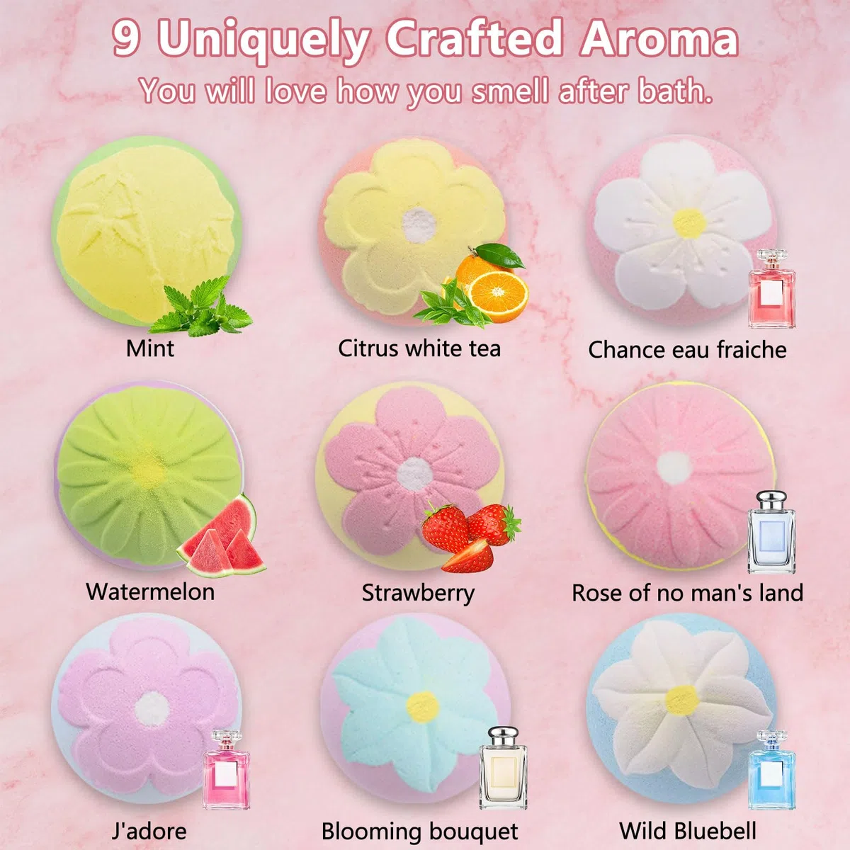 Bombe da bagno Set regalo di 9 regali di compleanno Sali da bagno gassati Oli essenziali Bombe da bagno Bagno idratante per la pelle (Bomba da bagno a forma di fiore)