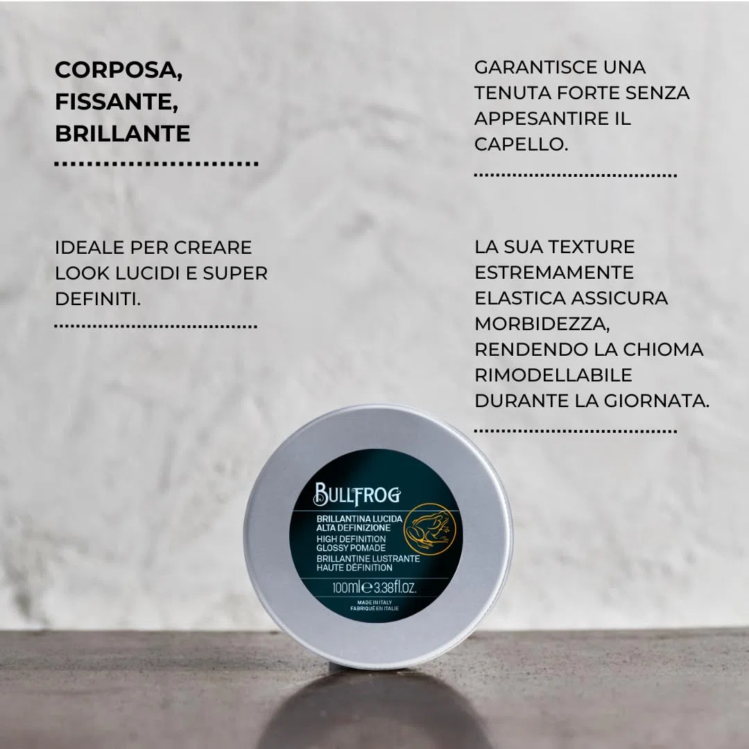 Bullfrog Brillantina Lucida Alta Definizione 100ml - Look Scolpito e Classico - Tenuta Forte e Duratura - Composizione Elastica e Morbida - Made in Italy