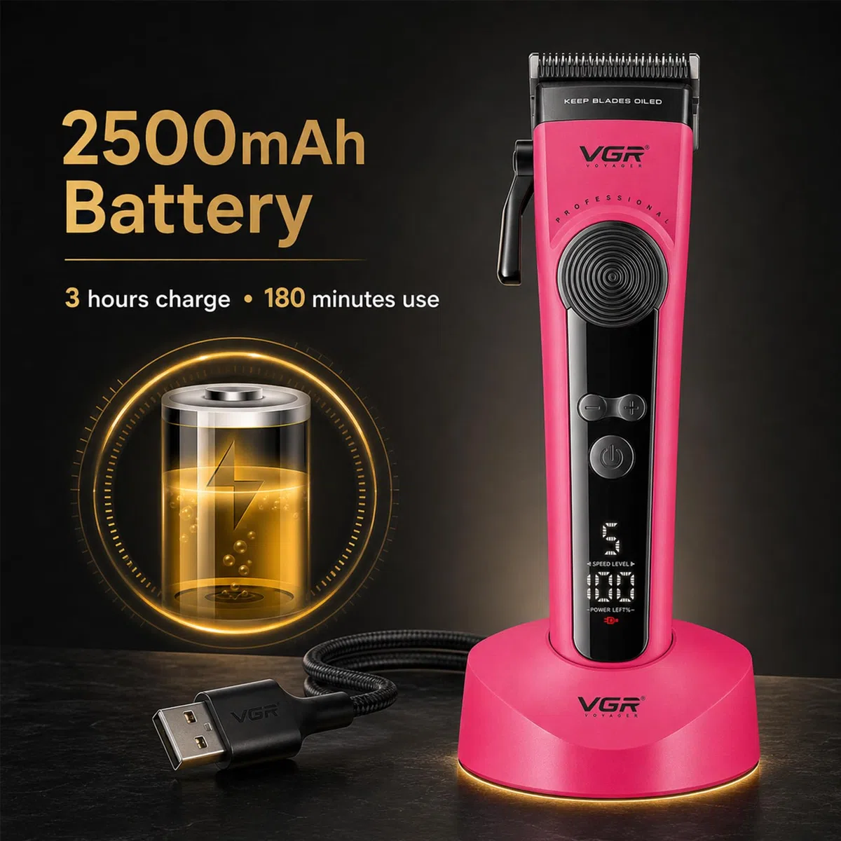 VGR 199 Tagliacapelli professionale senza fili per uomo, 5 velocità, display a LED, ricaricabile con base di ricarica e 6 pettini guida – Kit da barbiere per la casa, rosa