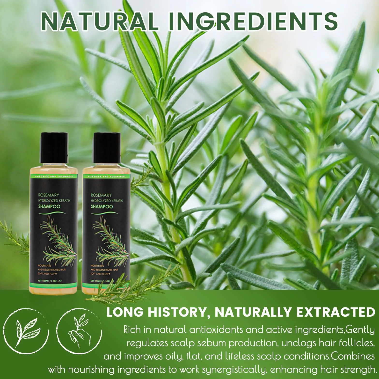 Shampoo al rosmarino per la crescita dei capelli, naturale Rosemary Hydrolyzed Keratin Shampoo da donna per rafforzare i capelli fini e la caduta dei capelli, ammorbidito e fluffy Cleansing