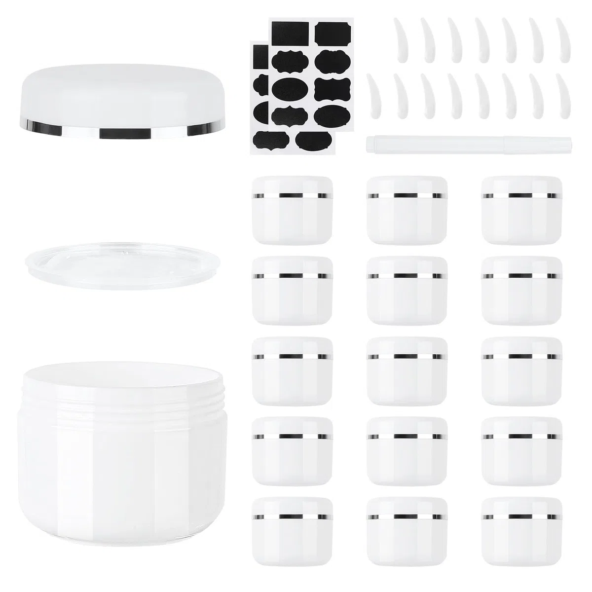 15 Pezzi 50ml Contenitori Cosmetici Riutilizzabile Plastica, Crema Barattoli Vasetto Vuoto di Bordo, Barattolini Cosmetici, con Cucchiaio Raschiatore, Etichetta per Lozioni e Creme