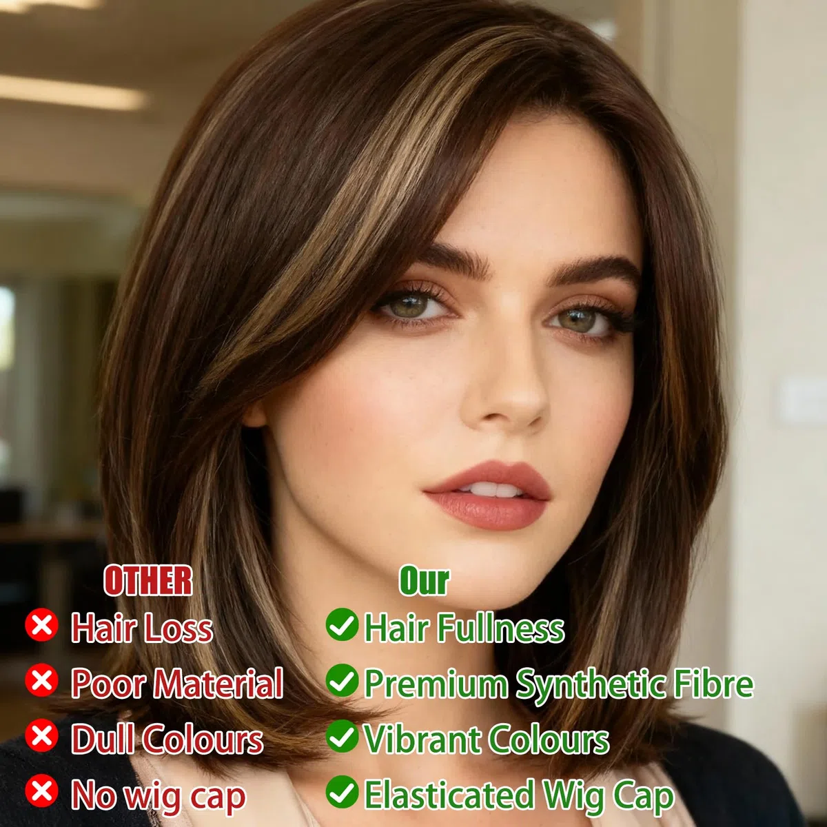 Parrucca Bionda Sintetica per Donna – Capelli Lisci a Lunghezza Media con Frangia, Fibra Resistente al Calore, Naturale e Confortevole per Uso Quotidiano, Feste e Cosplay