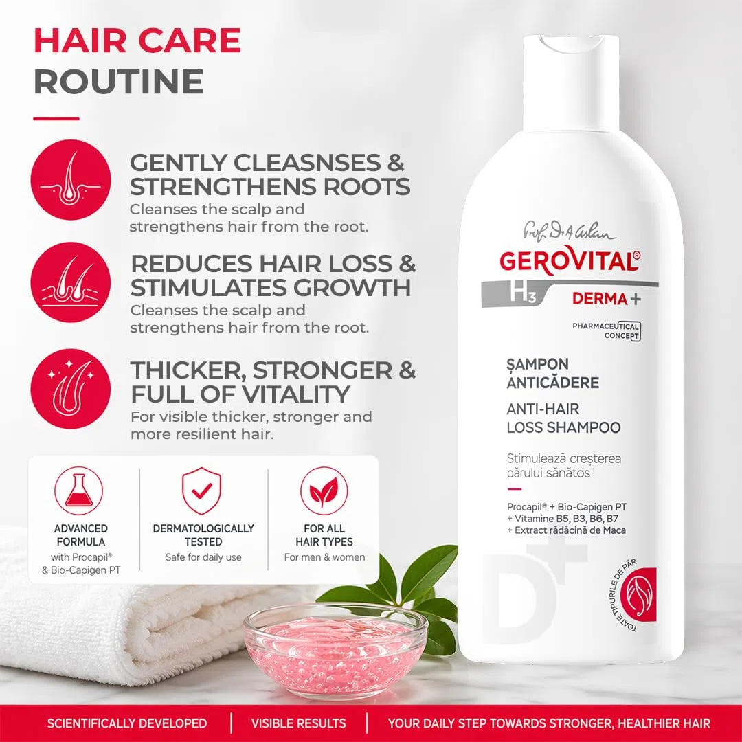 Gerovital H3 Derma+ Shampoo Anticaduta Capelli, Dermatocosmetico, Shampoo Rinforzante contro Caduta e Alopecia, Capelli più Forti, Donna e Uomo, 200 ml