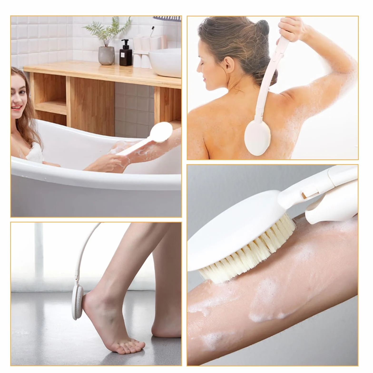 3 in 1 Spazzola per la schiena Doccia, con manico lungo pieghevole, applicatore per lozione da doccia, con testine intercambiabili (spugna, nylon, pietra pomice)