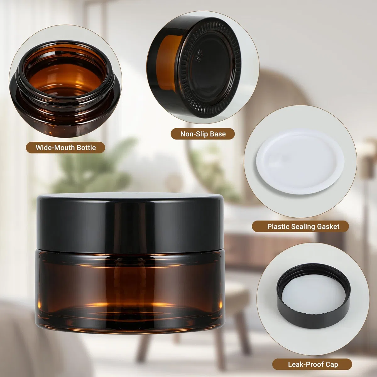 Set di 12 barattoli di vetro marrone da 20 ml con tappo a vite con inserto spatola ed etichette per cosmetici crema oli e unguenti contenitori da viaggio (Effetto Legno)