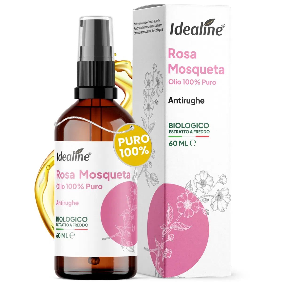 Idealine Olio di Rosa Mosqueta Puro 60ml, Olio Viso Antirughe, Nutriente e Rigenerante, Per Viso e Corpo, Antiossidante con Vitamine E, A e K, Made in Italy