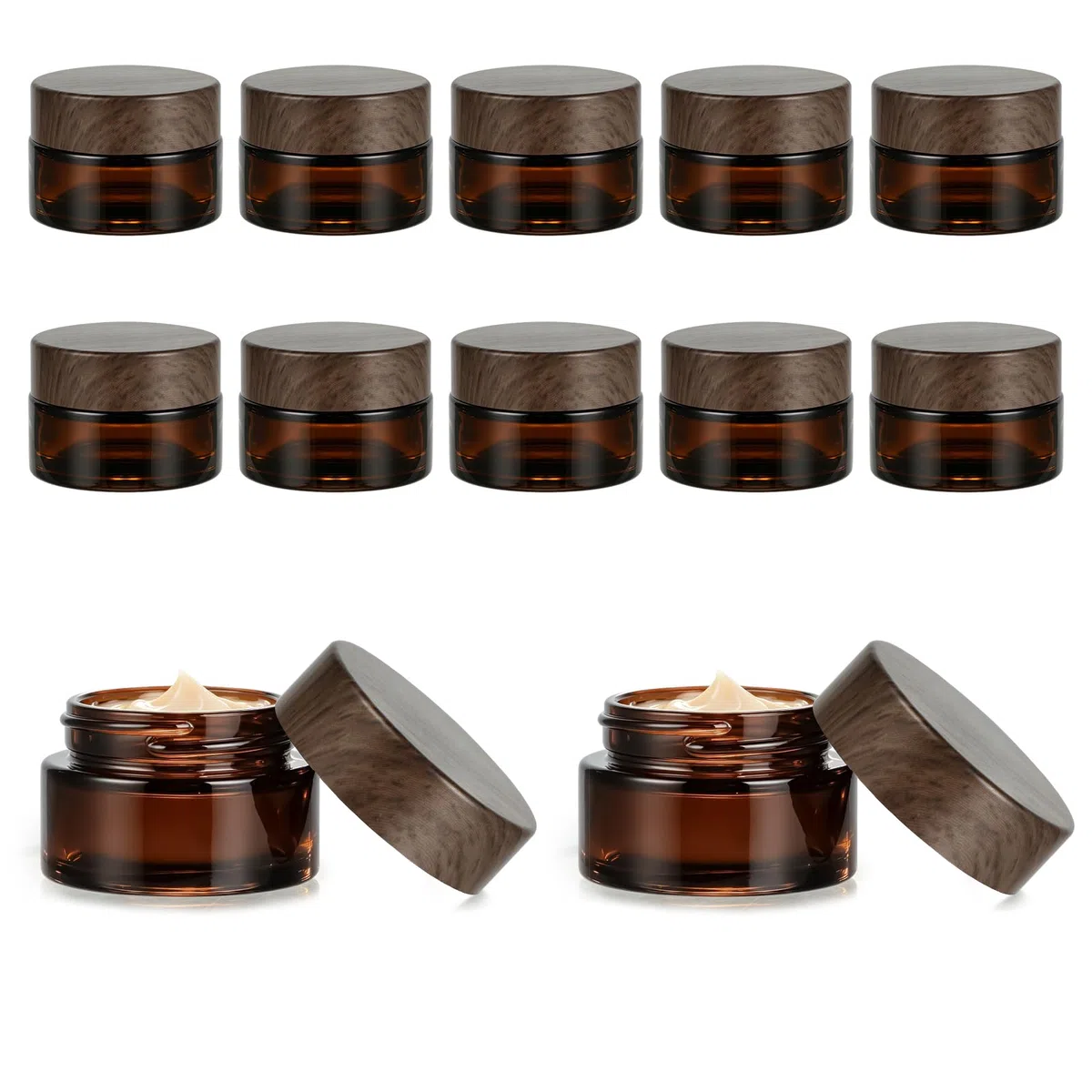 Set di 12 barattoli di vetro marrone da 20 ml con tappo a vite con inserto spatola ed etichette per cosmetici crema oli e unguenti contenitori da viaggio (Effetto Legno)