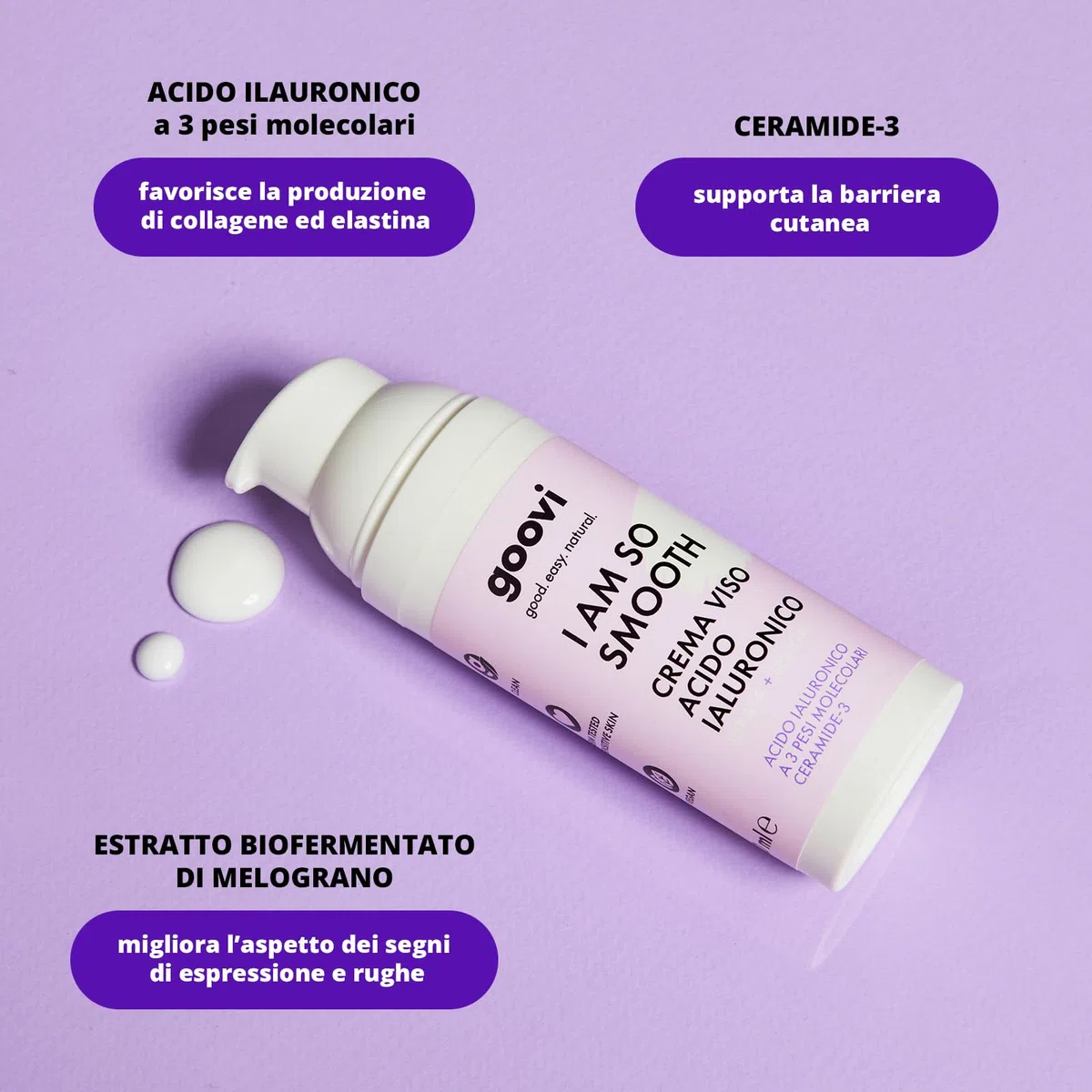 Goovi, I am So Smooth, Crema Viso con Acido Ialuronico Idratante e Levigante, Riduce l'Aspetto delle Rughe, Formula Naturale con Estratto di Melograno per una Pelle più Compatta e Tonica, Vegan, 50 ml