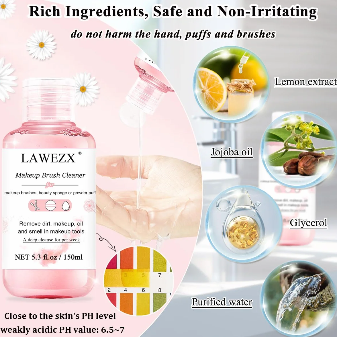 150ml Pulizia Pennelli Trucco, LAWEZX Detergente Liquido per Pennelli da Trucco, Rimuove il Trucco, lo Sporco e le Impurità da Pennelli, Spugne o Piumini per la Cipria, Makeup Brush Cleaner