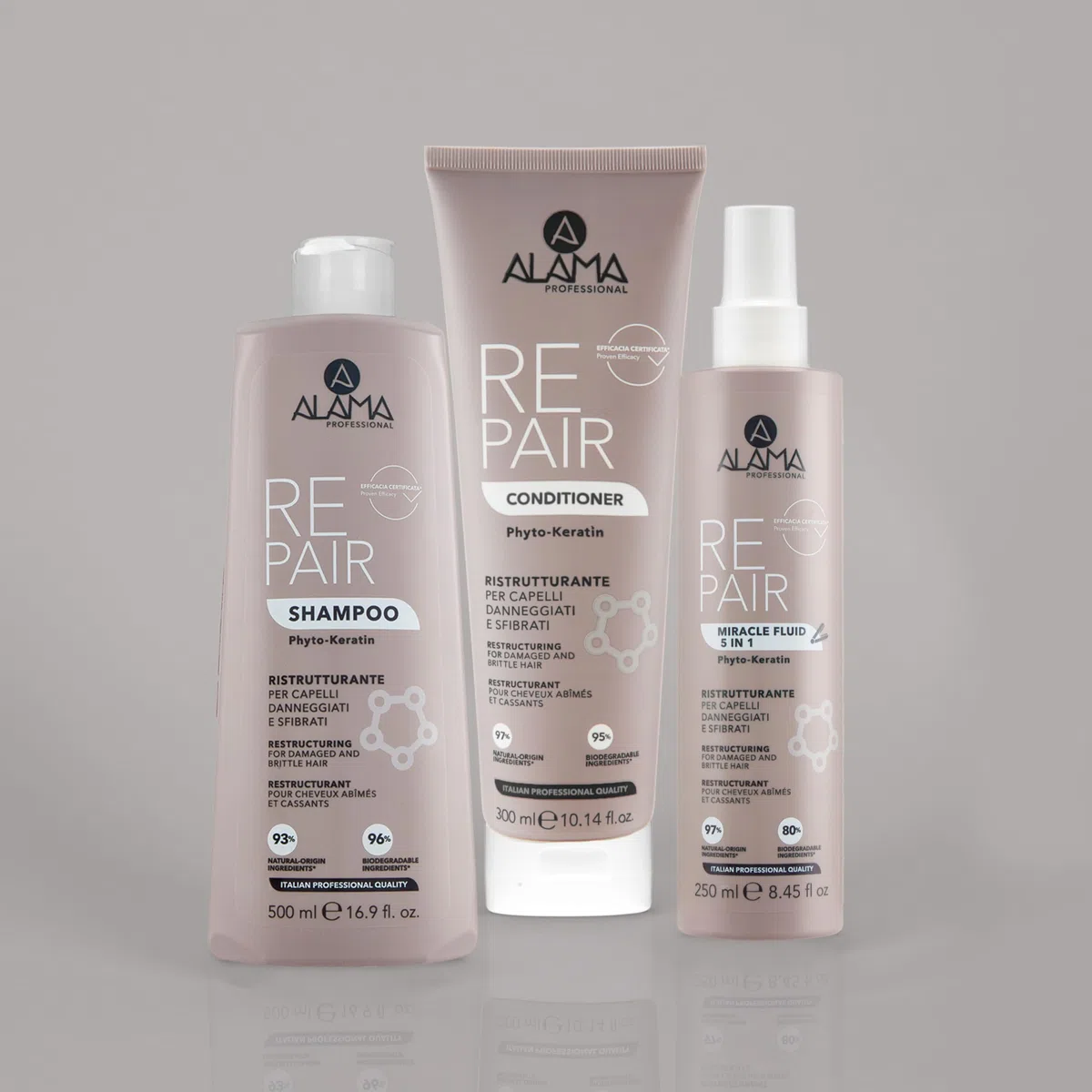 Alama Professional Kit Repair: Shampoo 500ml, Balsamo 300ml, Miracle Fluid 5 in 1 250ml