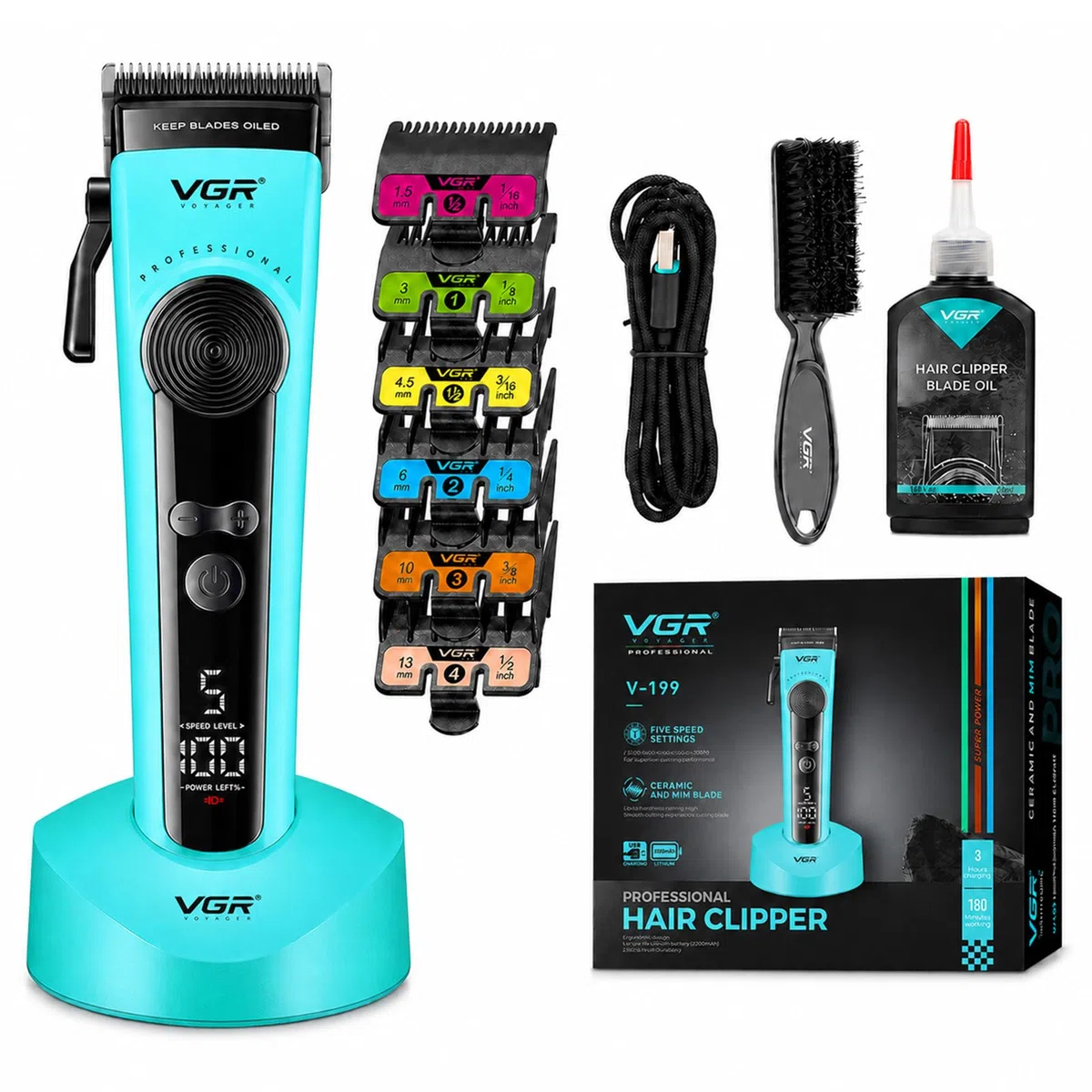 VGR 199 Tagliacapelli professionale senza fili per uomo, 5 velocità, display a LED, ricaricabile con base di ricarica e 6 pettini guida – Kit da barbiere per la casa, verde