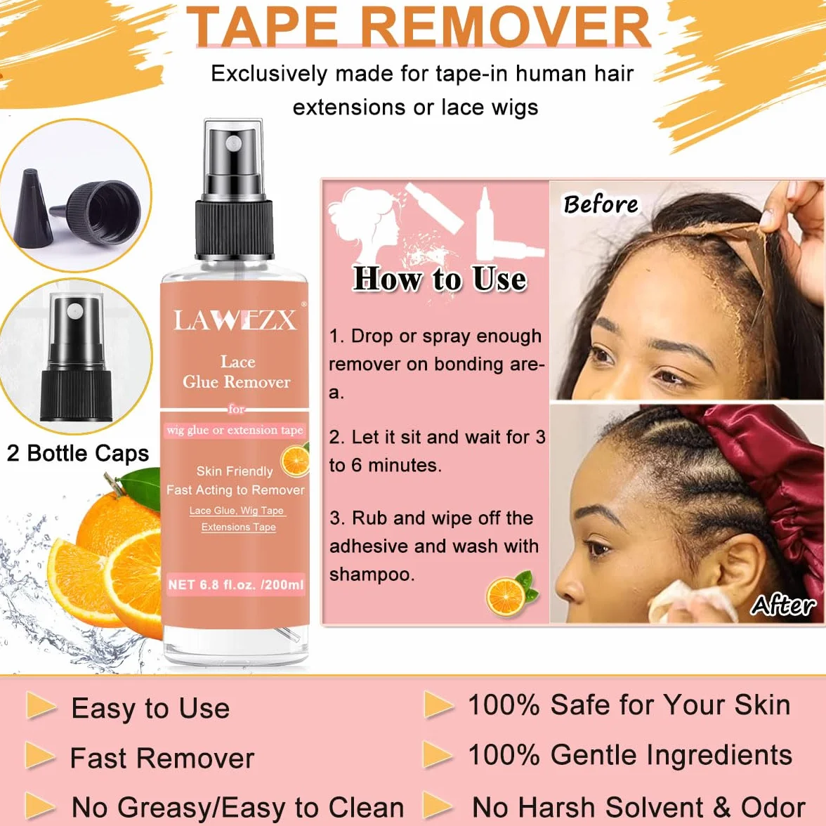 200ml Depolimeratore Rimuovi Extension Biadesive Spray, Solvente Stacca Extension per Nastro con Profumo di Agrumi, Wig Glue Remover per Parrucche in Pizzo, Nastro nelle Estensioni e Toupee