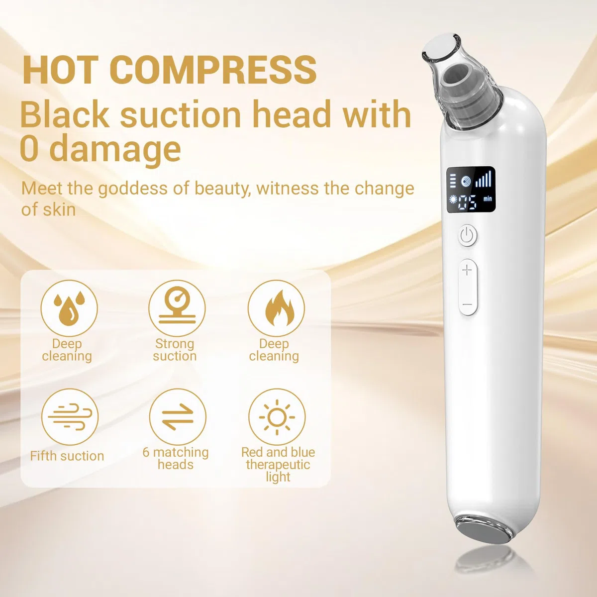 UCAMP Aspiratore Punti Neri, Professionale Elettrico Comedone con 5 Modalità 6 Testine Applicazione di Calore, Pulizia Viso Tramite Rimozione Pori, per Tutti i Tipi Pelle(con Estrattore di Acne Kit)