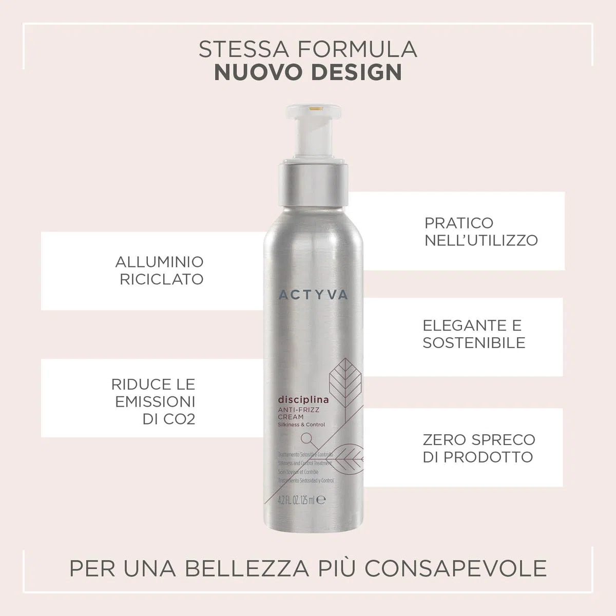 Actyva - Disciplina Anti-Frizz Cream, Crema Disciplinante per Capelli Crespi, con Acido Ialuronico, Anticrespo ed Elasticizzante - 125 ml
