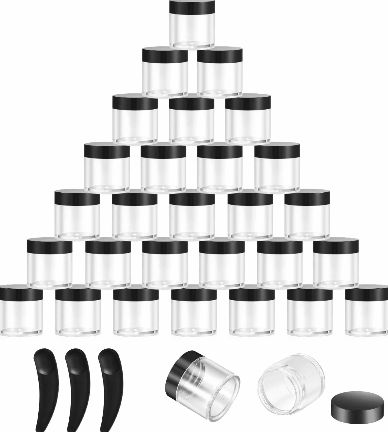 30 Pezzi Vasetti Plastica, 10g Contenitori Barattolo Cosmetici Vuoto Trasparente, Viaggio Contenitore Piccoli per Creme Barattolini Candele Campione, con 3 Pezzi Spatola (nero)
