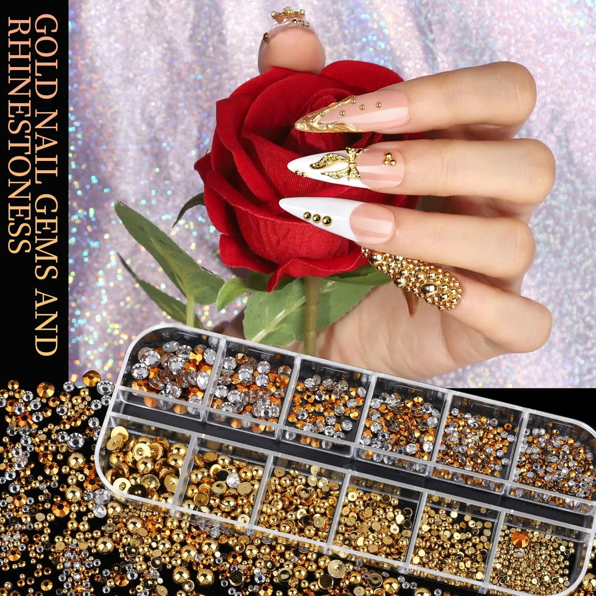 Charms dorati per unghie, strass 3D, set di 4 scatole con perle e gemme, accessori nail art per donne e ragazze.