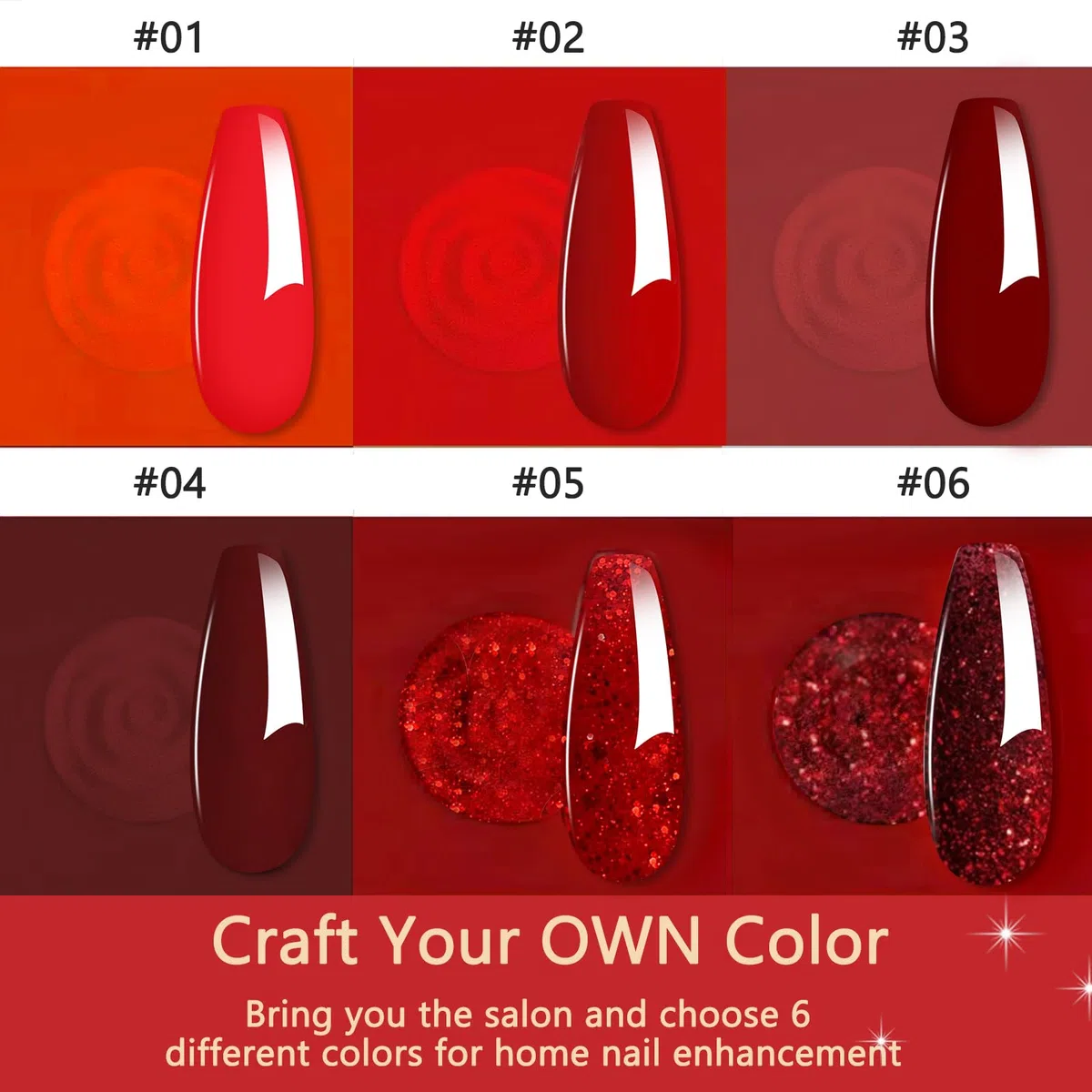 Honey Joy - Set di 6 polveri per immersione in polvere glitterate, collezione classica rossa, per nail art, manicure, saloni fai da te, regali per la casa, per donne, non necessita di lampada per