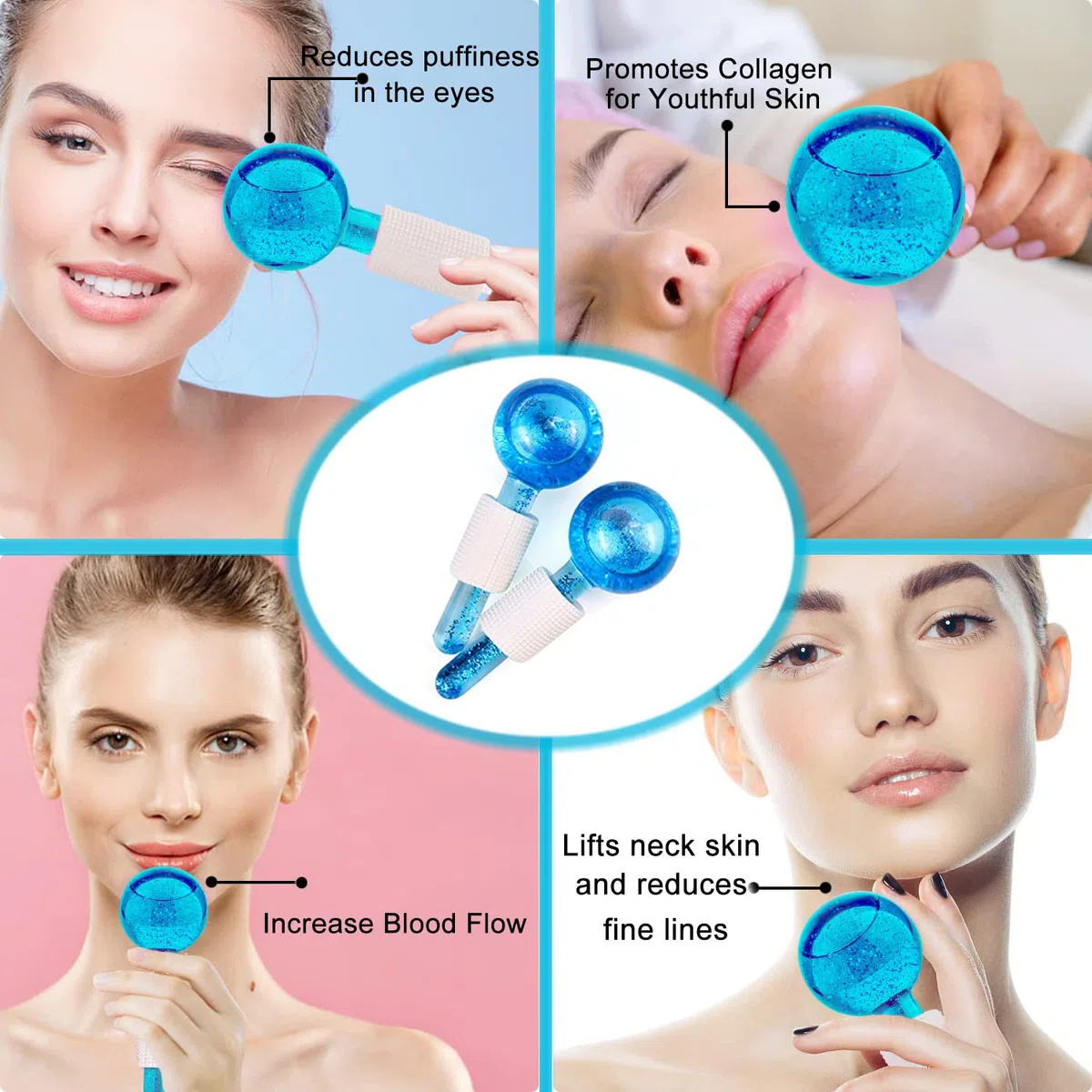 2Pcs Facial Ice Globes, Massaggio Ice Cool Roller Ball, Ice Roller Ball, Massage Ice Ball Skin Care Tool, Riducono il Gonfiore e Le Occhiaie (Confezionati in coppia, Blu)