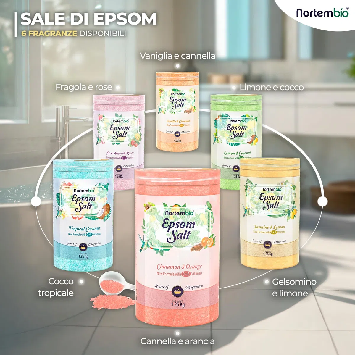 Nortembio Sali di Epsom 100% Fragranza Limone e Cocco 1,25 kg – Fonte Naturale di Magnesio | Con Vitamina C ed E Idratante | Per Bagni Rilassanti, Spa e Cura della Pelle + E-Book Gratuito