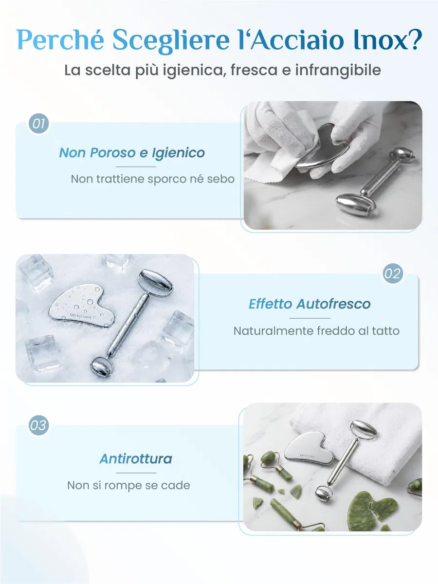 Rena Chris Gua Sha e Rullo in Acciaio Inox per il Viso, Massaggiatore Lifting e Guasha Viso, Scolpire la Mascella e Ridurre le Borse, Idea Regalo Perfetta, Bellezza e Skin Care Kit(Argento)