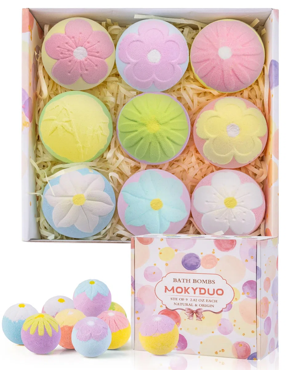 Bombe da bagno Set regalo di 9 regali di compleanno Sali da bagno gassati Oli essenziali Bombe da bagno Bagno idratante per la pelle (Bomba da bagno a forma di fiore)