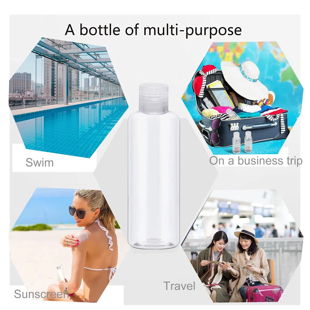 Set di 20 bottiglie da viaggio da 100 ml di plastica vuote da riempire per shampoo, balsamo, lozione, articoli da toeletta, con imbuto ed etichette
