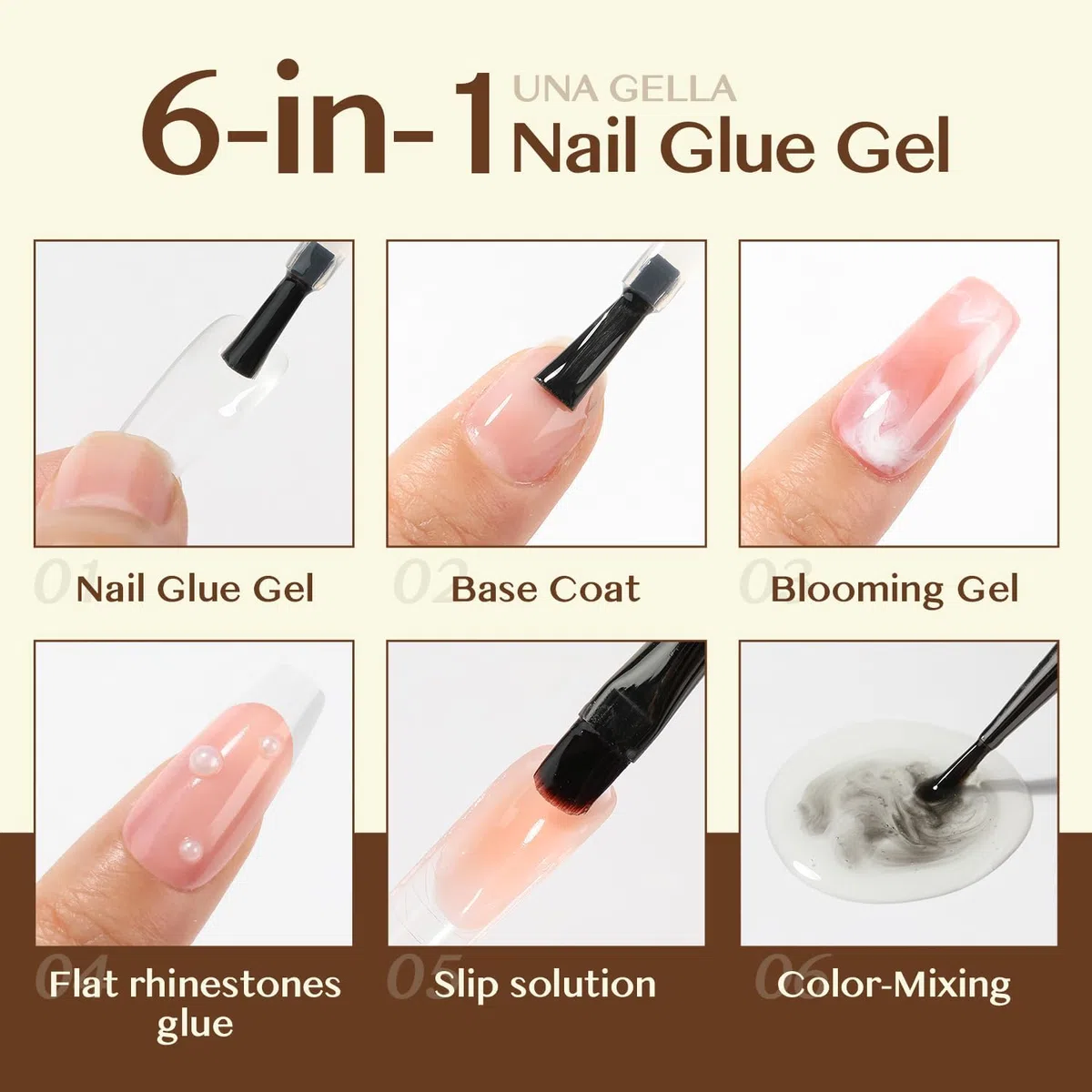UNA GELLA Colla gel per unghie 6 in 1 per unghie acriliche trasparenti, colla UV da 15 ml, pennello super resistente per base coat, unghie finte trasparenti e punte in gel morbido per polimerizzazione