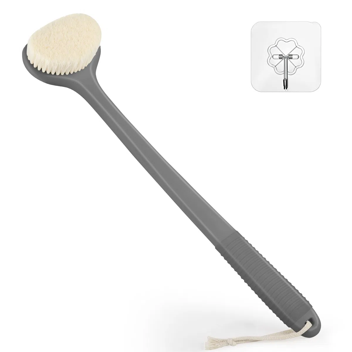 VANZAVANZU Spazzola per la schiena per doccia, bagno con manico antiscivolo lungo 43 cm, spazzola per il corpo per la pulizia del corpo, spazzola per la schiena per uomini e donne, grigio