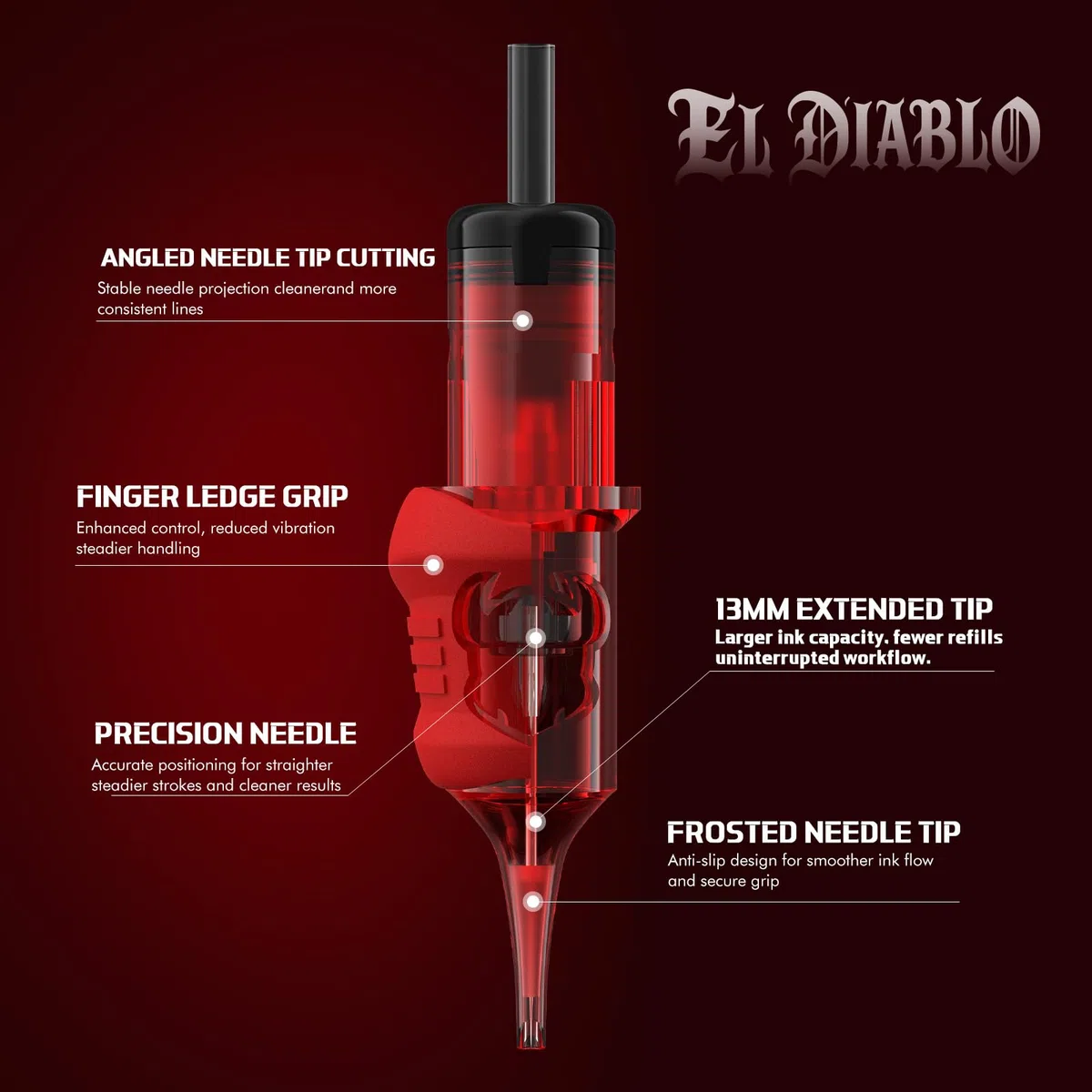 INKin Aghi Tattoo 1RL con Impugnatura in Silicone, 20pezzi #10 Bugpin 0,30mm Cartucce Tattoo con Punta Estesa da 13mm e Superficie Testurizzata per un Flusso di Inchiostro Fluido (EL Diablo 1001RL)