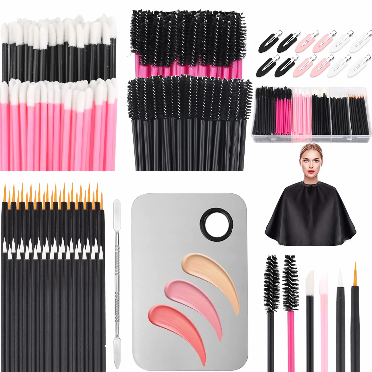 LIONVISON Applicatori di Trucco Usa e Getta, Palette di Miscelazione Trucco con Spatola e 262 PCS Pennello, Bacchette Mascara Lip Eyeliner Spazzole Capelli Clip