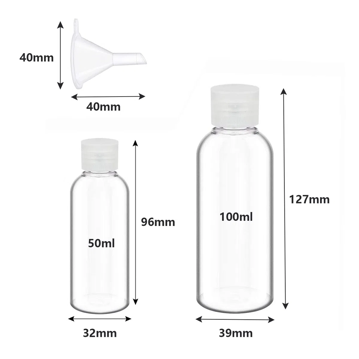 10 Pezzi Bottiglie da Viaggio 50 ML + 100 ML, Contenitori da Viaggio Trasparenti Vuoti, Bottiglie da Viaggio in Plastica Riutilizzabili Flip Cap Bottiglie con 2 Imbuti, per Gel, Lozioni, Shampoo