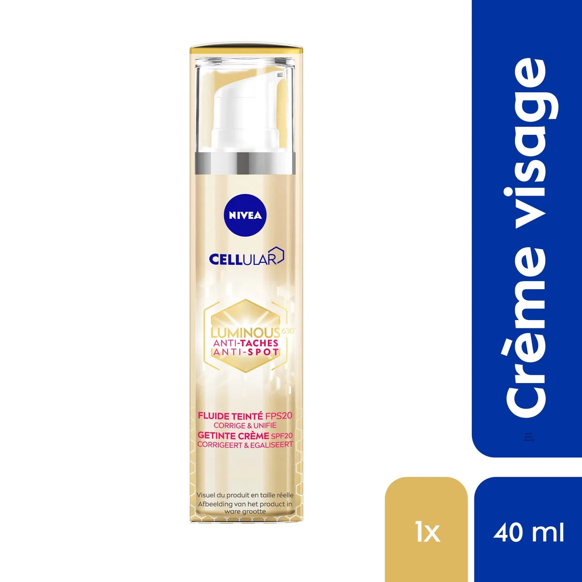 NIVEA CELLULAR LUMINOUS FPS20 Fluido Colorato (1 x 40 ml), Unifying Face Care Anti-Pigment Spots, Crema Viso con Formula Fluida arricchita con principi attivi