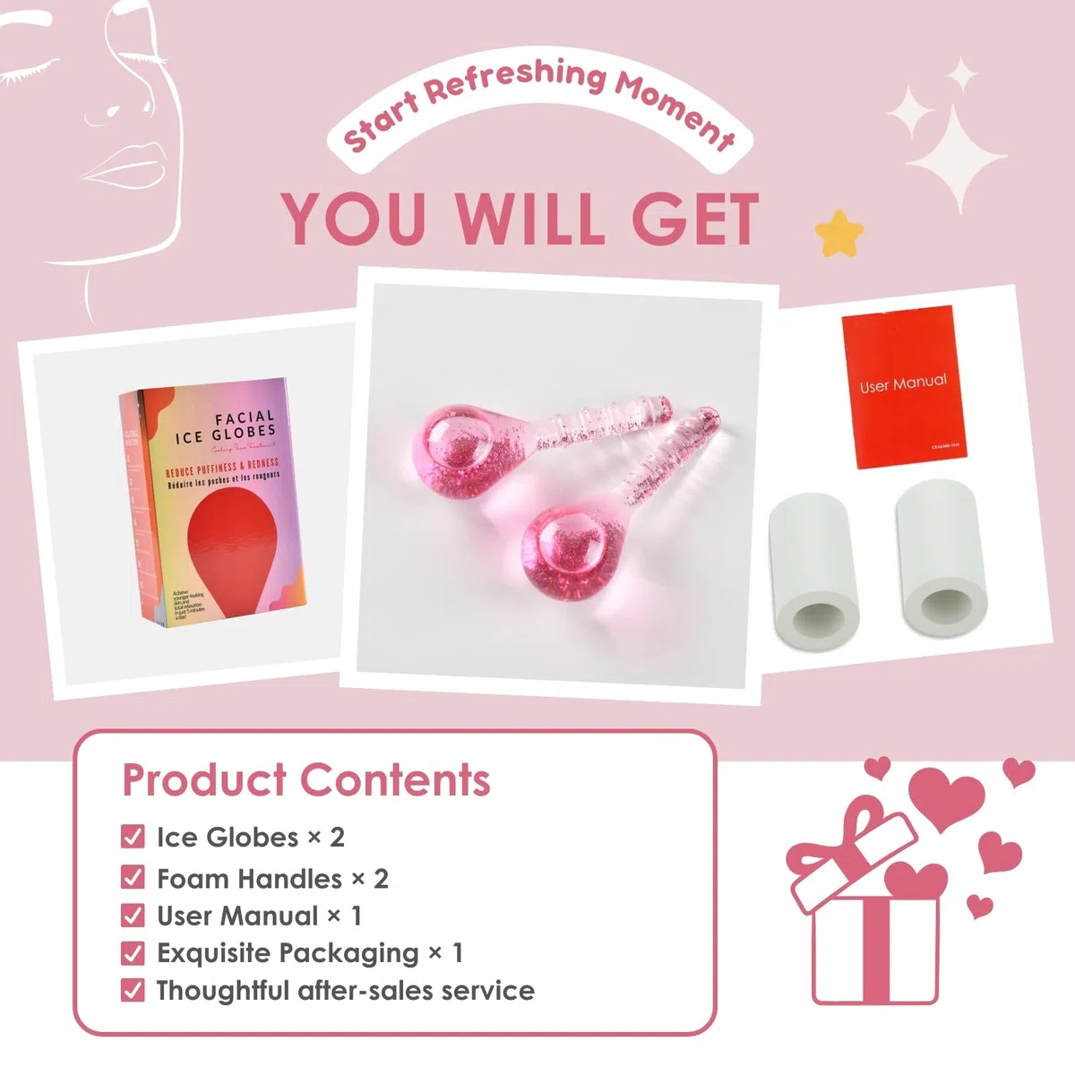 Ice Globes Potenziati, Cryo Stick Ice Globes per Massaggio di Viso Occhi Collo, Sfera di Raffreddamento del Ghiaccio per Ridurre Gonfiore e Occhiaie, Strumento Bellezza Quotidiana, Rosa Glitter