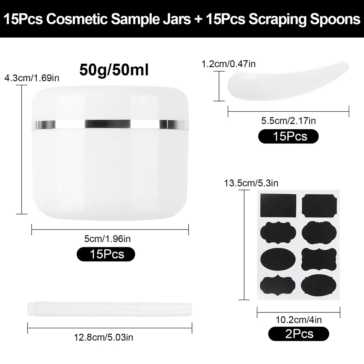 15 Pezzi 50ml Contenitori Cosmetici Riutilizzabile Plastica, Crema Barattoli Vasetto Vuoto di Bordo, Barattolini Cosmetici, con Cucchiaio Raschiatore, Etichetta per Lozioni e Creme
