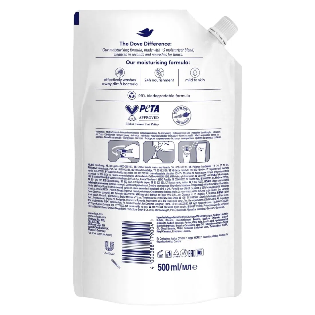 Dove, Sapone Liquido Mani, Ricarica Sapone Liquido Mani, Go Fresh, Rimuove con Efficacia Sporco e Batteri, con +5 Agenti Idratanti, Formula 99% Biodegradabile, 10 pezzi da 500ml