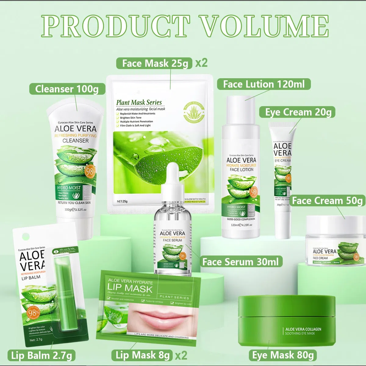 Kit per la Cura della Pelle Aloe Vera 11 Pezzi con Detergente,Crema,Siero,Tonico,Maschera,Cerotti per Gli Occhi,Balsamo per le Labbra,Aloe Vera Skincare Set Regalo di Bellezza per Donne e Ragazze