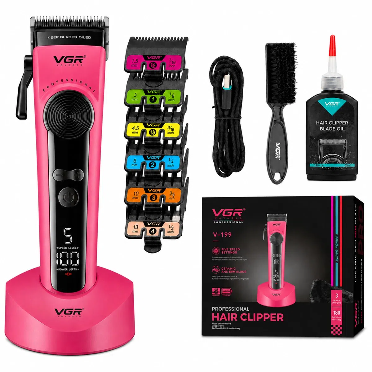 VGR 199 Tagliacapelli professionale senza fili per uomo, 5 velocità, display a LED, ricaricabile con base di ricarica e 6 pettini guida – Kit da barbiere per la casa, rosa