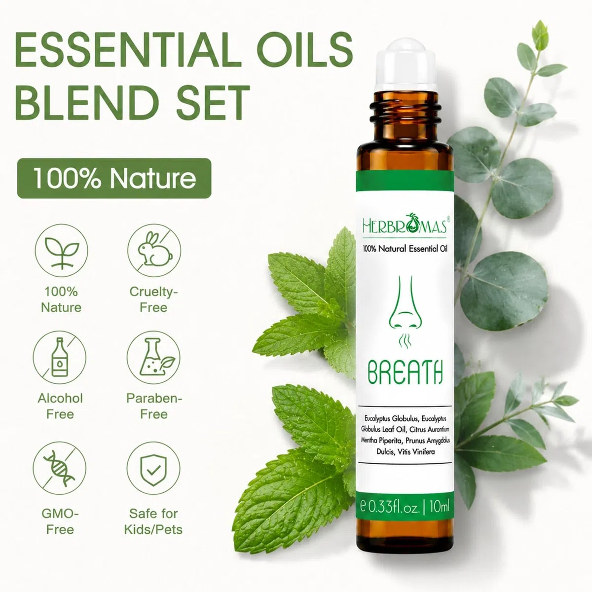 Set di roll on con oli essenziali di aromaterapia HERBROMAS, miscele naturali già diluite per l'uso sulla pelle, regalo rilassante per donne e uomini, confezione da 4 x10ml.