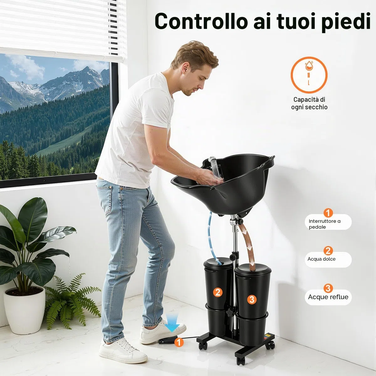 Lavandino portatile da parrucchiere con 2 secchi d'acqua, lavabi retromarcia, regolabile in altezza, portatile, per la casa, salone, parrucchiere, nero