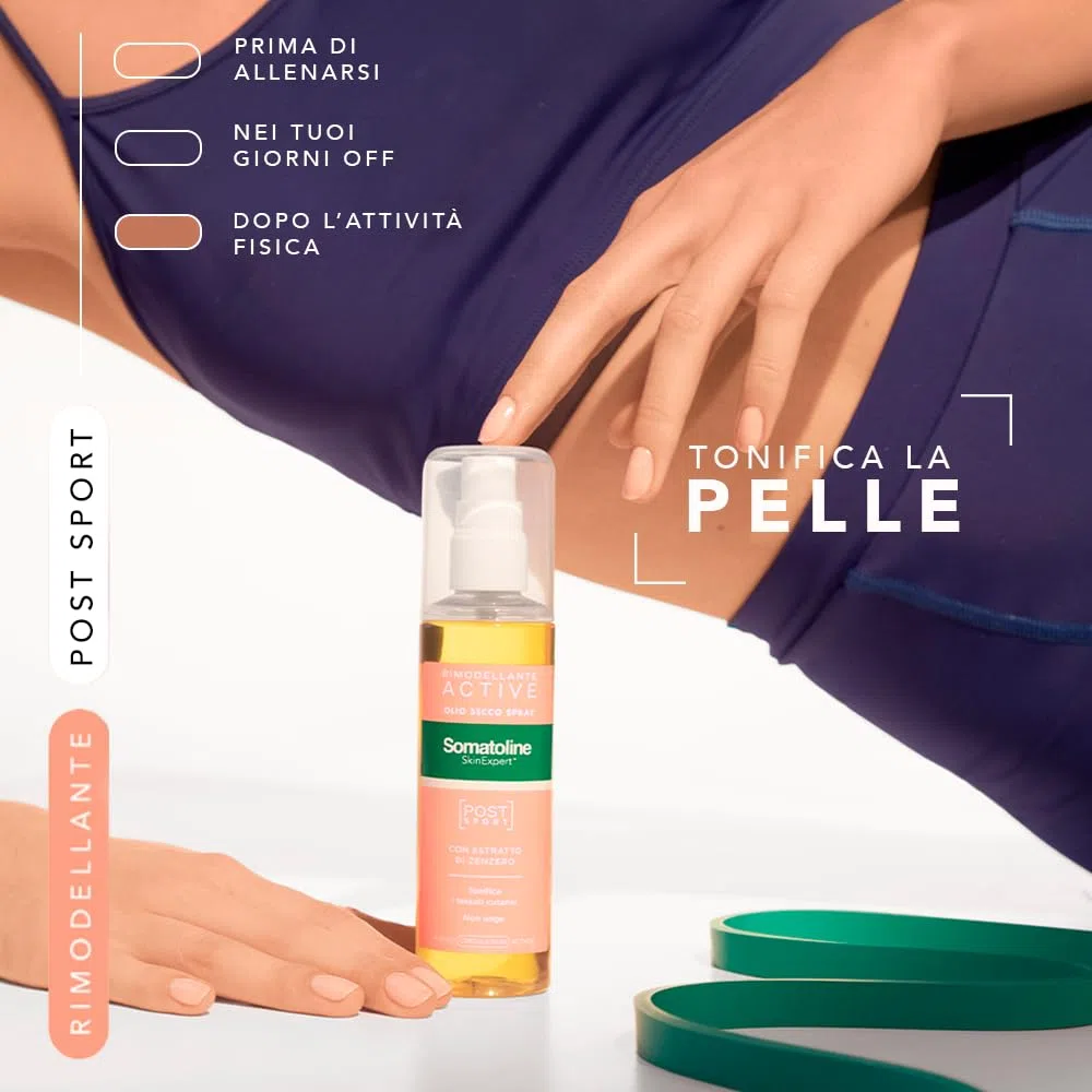 Somatoline SkinExpert, Rimodellante Active Olio Secco Spray Post-Sport, Trattamento Gambe Rimodellante, con Estratto di Zenzero, 125ml
