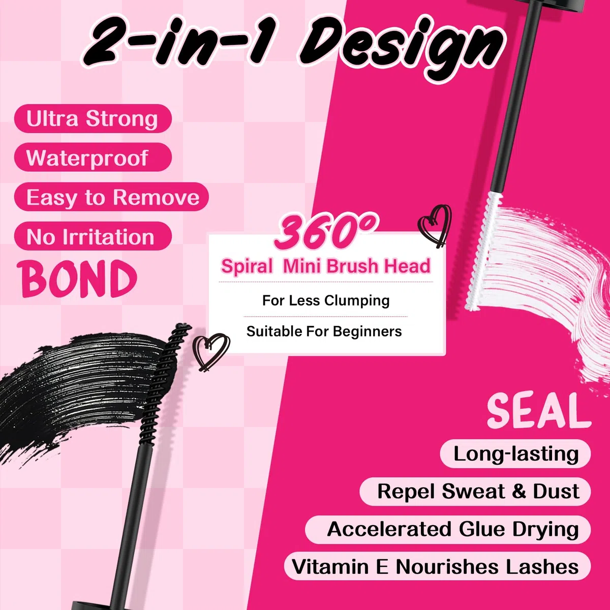 PRO Colla per Ciglia Ciglia Finte Colla Individuale Lash Bond And Seal Colla Adesiva per Ciglia Cluster Tenuta Super Forte 48 Ore Di Impermeabilità （Schwarze Bindung+Klare Versiegelung)
