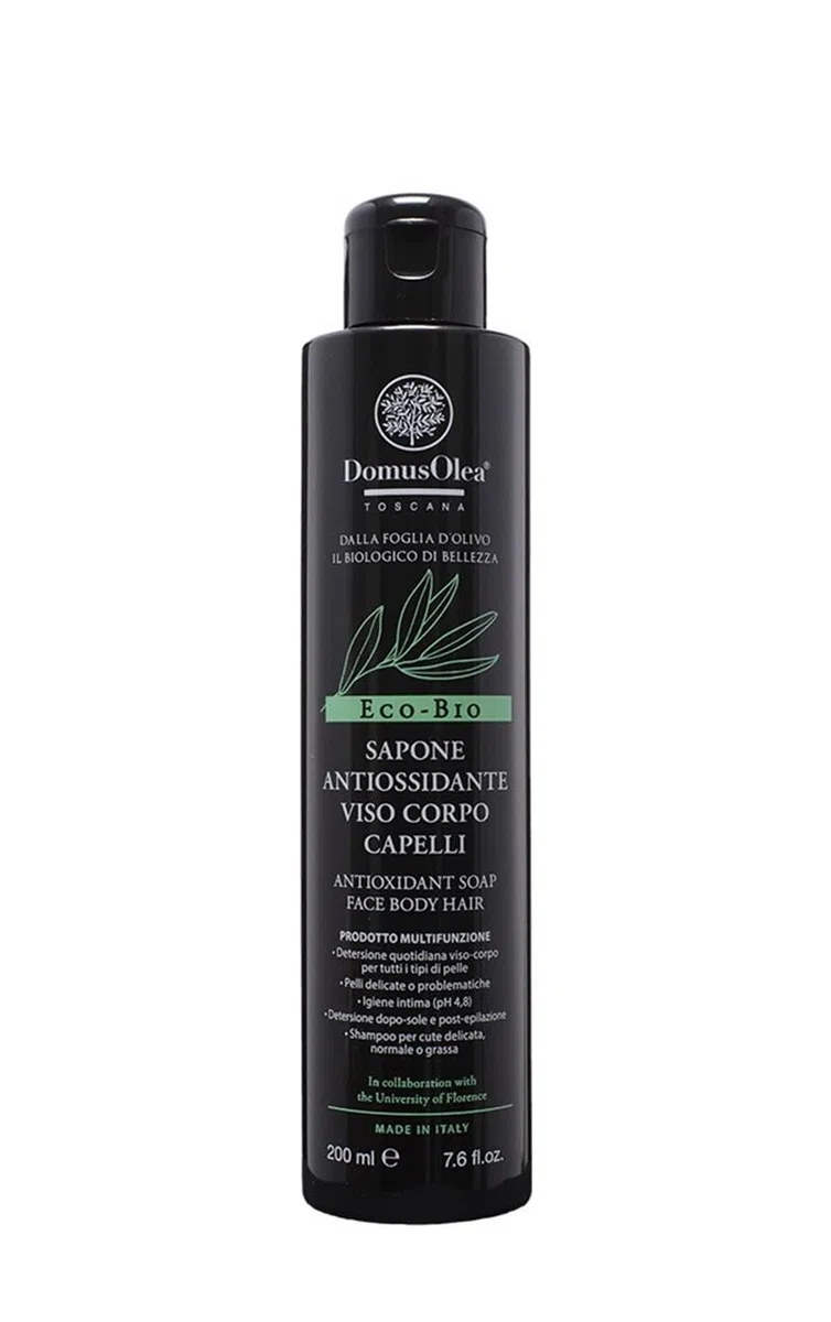 SAPONE ANTIOSSIDANTE VISO CORPO CAPELLI – Detergente Multifunzionale Delicato – Antiossidante, Lenitivo e Riequilibrante – Per Tutti i Tipi di Pelle e Cute – 200ml - ECO-BIO - Domus Olea Toscana