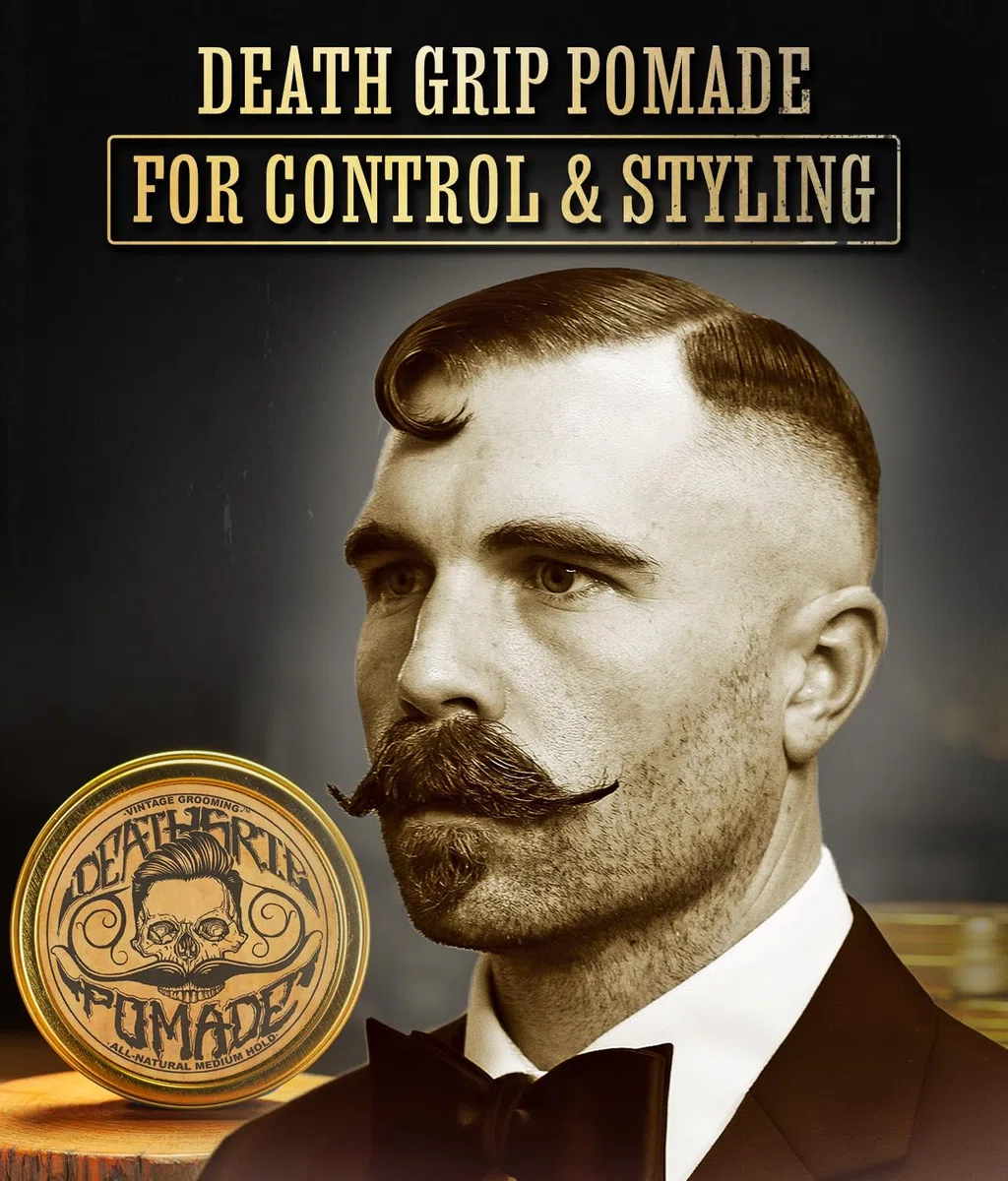 THE VINTAGE GROOMING CO. Death Grip - Pomata per capelli da uomo e pettine tascabile grande in metallo, pomata per capelli da 56,7 g e pettine in metallo da 12,7 x 3,2 cm