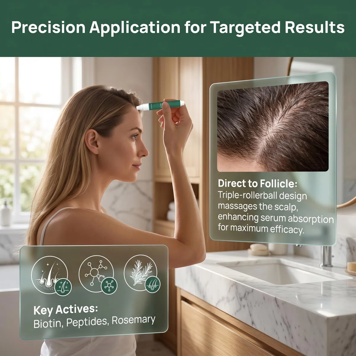 3 Pezzi Siero roll-on per la crescita dei capelli, Olio per Cuoio Capelluto alla Biotina e Rosmarino, Trattamento Fortificante con Caffè e Peptidi, Capelli Più Folti e Sani